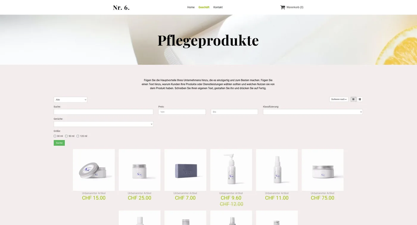 Ein fertiger Webshop mit Produktübersicht, Filtern nach Preis und Grösse sowie Preisen in Franken